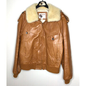 Vtg 70s Silton Caramel Leather Bomber Flight w/Sherpa Collar Size 44